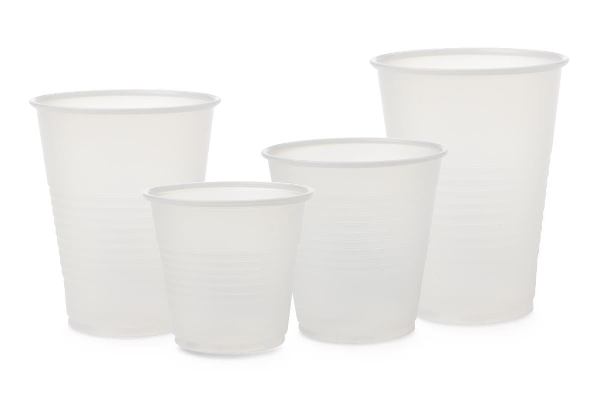 Translucent plastic disposable cups in four sizes arranged together on a white background