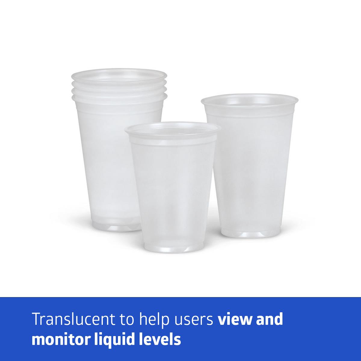 Translucent plastic drinking cups in two sizes shown individually and stacked against a white background