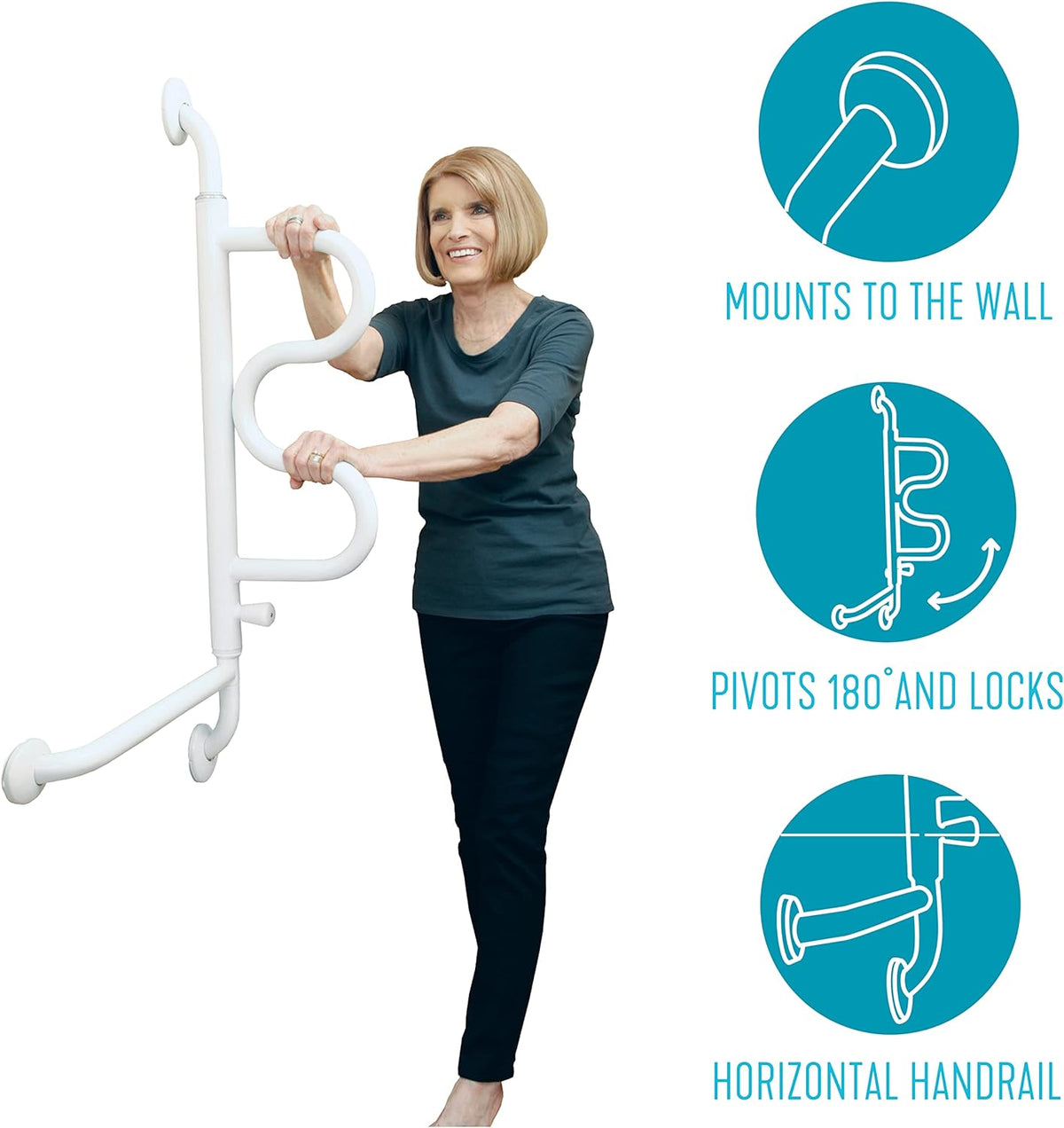 Wall-mounted grab bar with pivoting S-curve design demonstrated by a woman gripping both handles, with feature icons showing