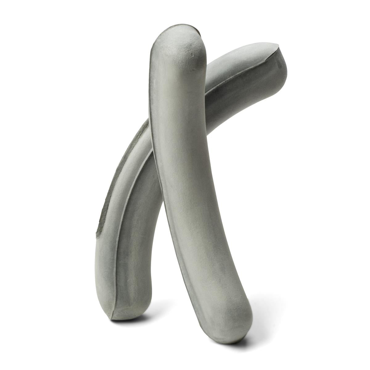Bariatric crutch cushions, two gray curved foam pads crossed and standing upright against white background