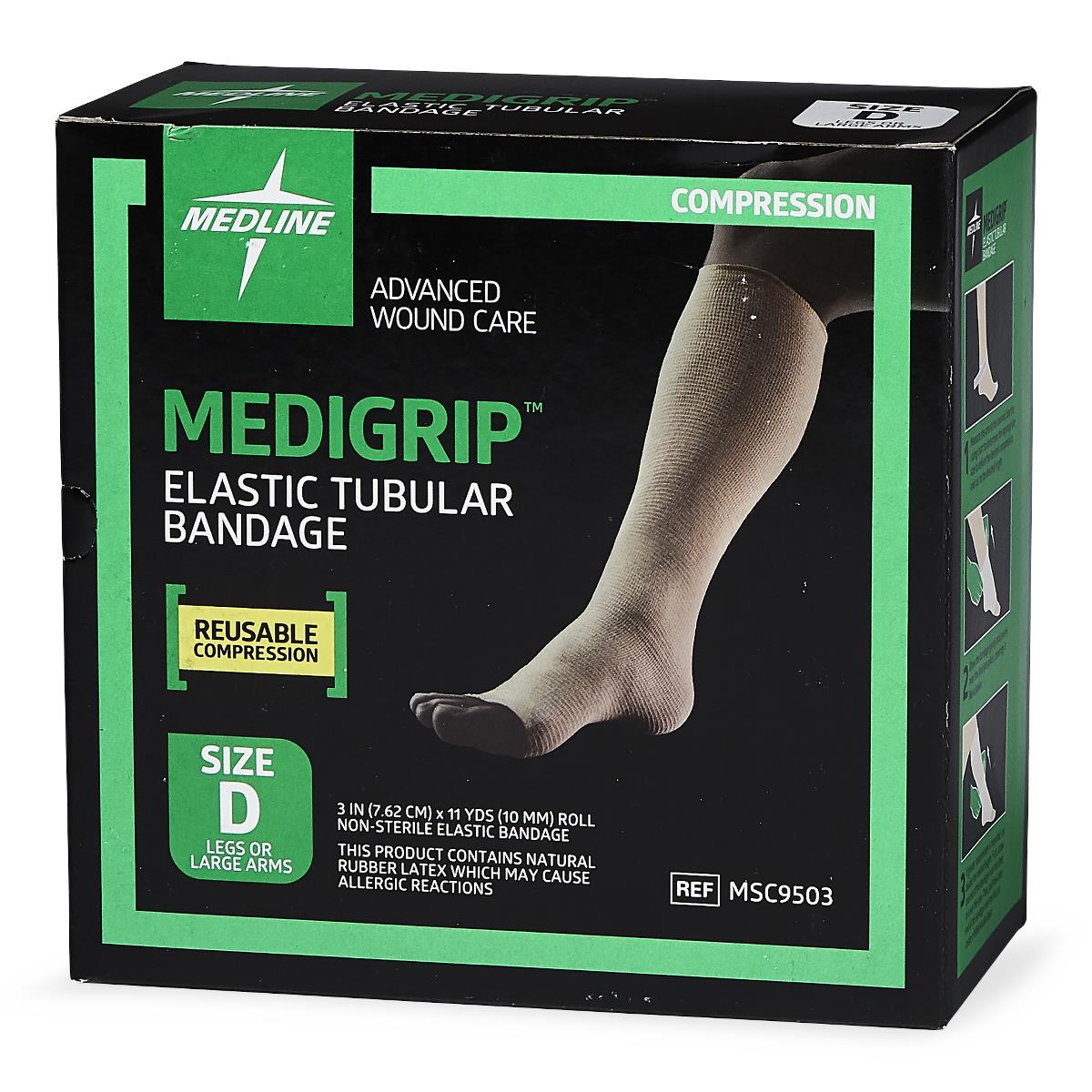 Elastic tubular bandage in black and green retail box, Size D, shown applied to a lower leg and foot