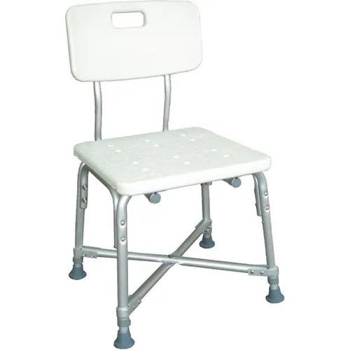 Bariatric shower chair with white plastic seat, backrest with handle cutout, aluminum frame, cross brace, and non-slip