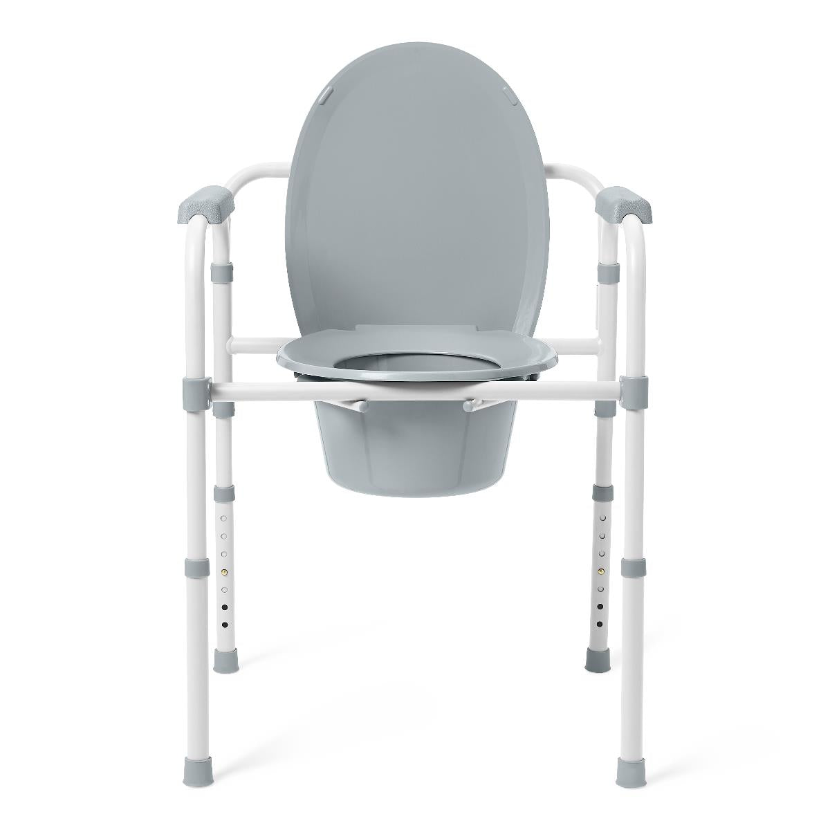 Deluxe steel 3-in-1 commode with gray seat and lid, white adjustable frame, armrests, and removable bucket with seat opening