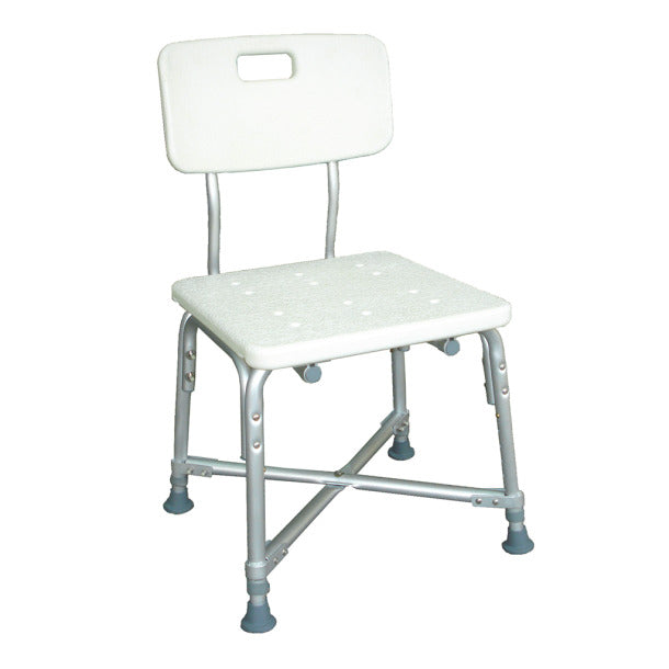 Bariatric shower chair with white plastic seat, backrest with carry handle, aluminum frame, cross brace, and rubber tip feet