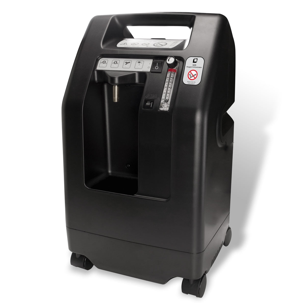 Oxygen concentrator in black with carry handle, flow meter, front controls, and four rolling wheels on white background