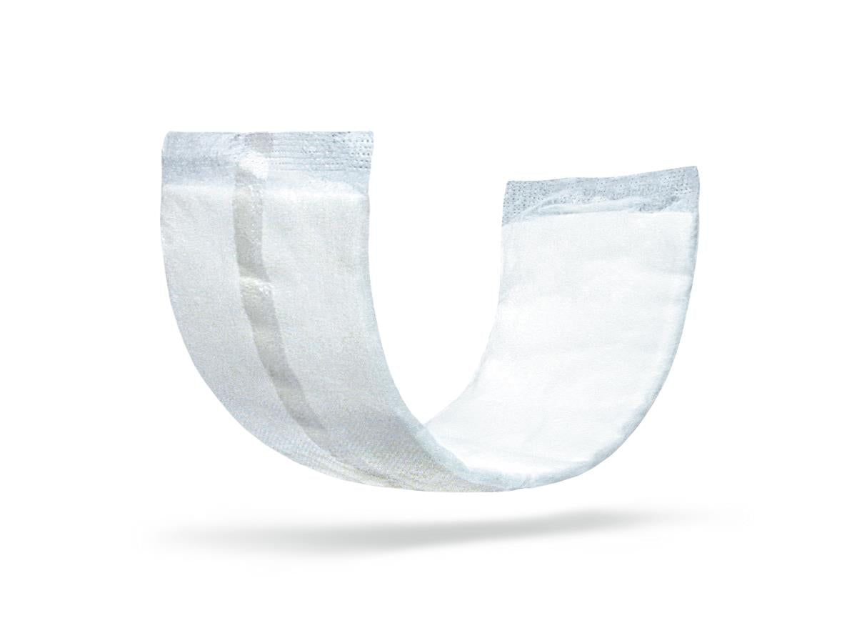 Incontinence booster pad shown folded in a U-shape, white absorbent material with blue trim edges, on white background