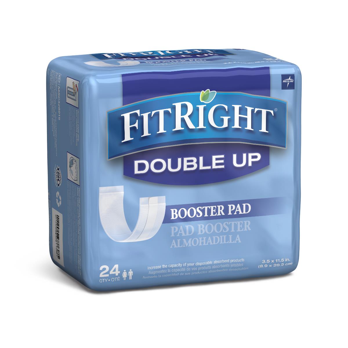 Booster pad incontinence liner in light blue FitRight Double Up packaging, count of 24, shown on white background