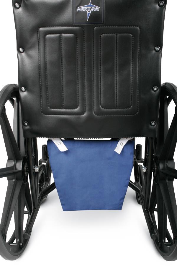 Wheelchair drain bag holder in blue fabric attached beneath the seat of a black wheelchair, rear view