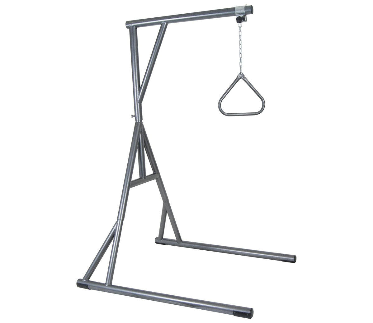 Bariatric heavy duty trapeze bar with freestanding silver metal A-frame stand and chain-hung triangular grab handle