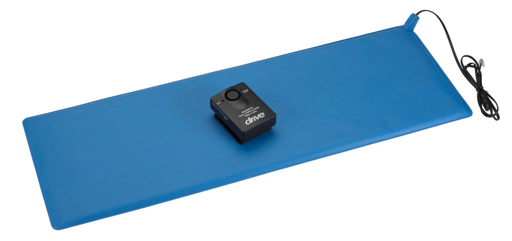 Pressure-sensitive bed and chair alarm mat in blue with black alarm unit and cord attached