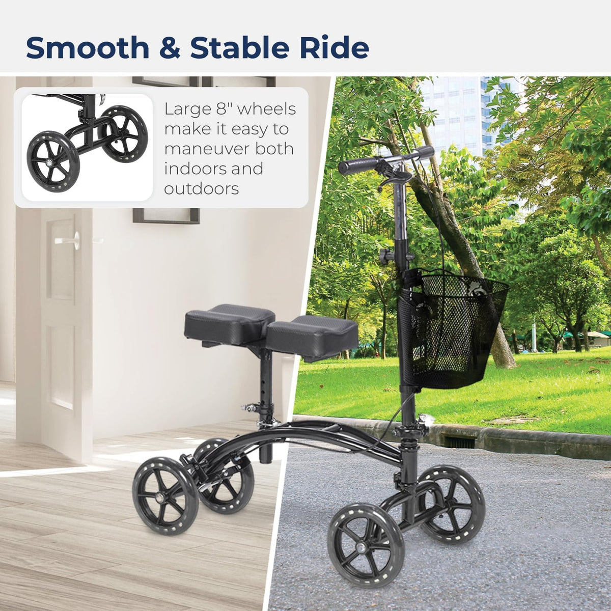 Knee walker with dual knee pad, mesh basket, handlebar brakes, and four large wheels shown indoors and outdoors