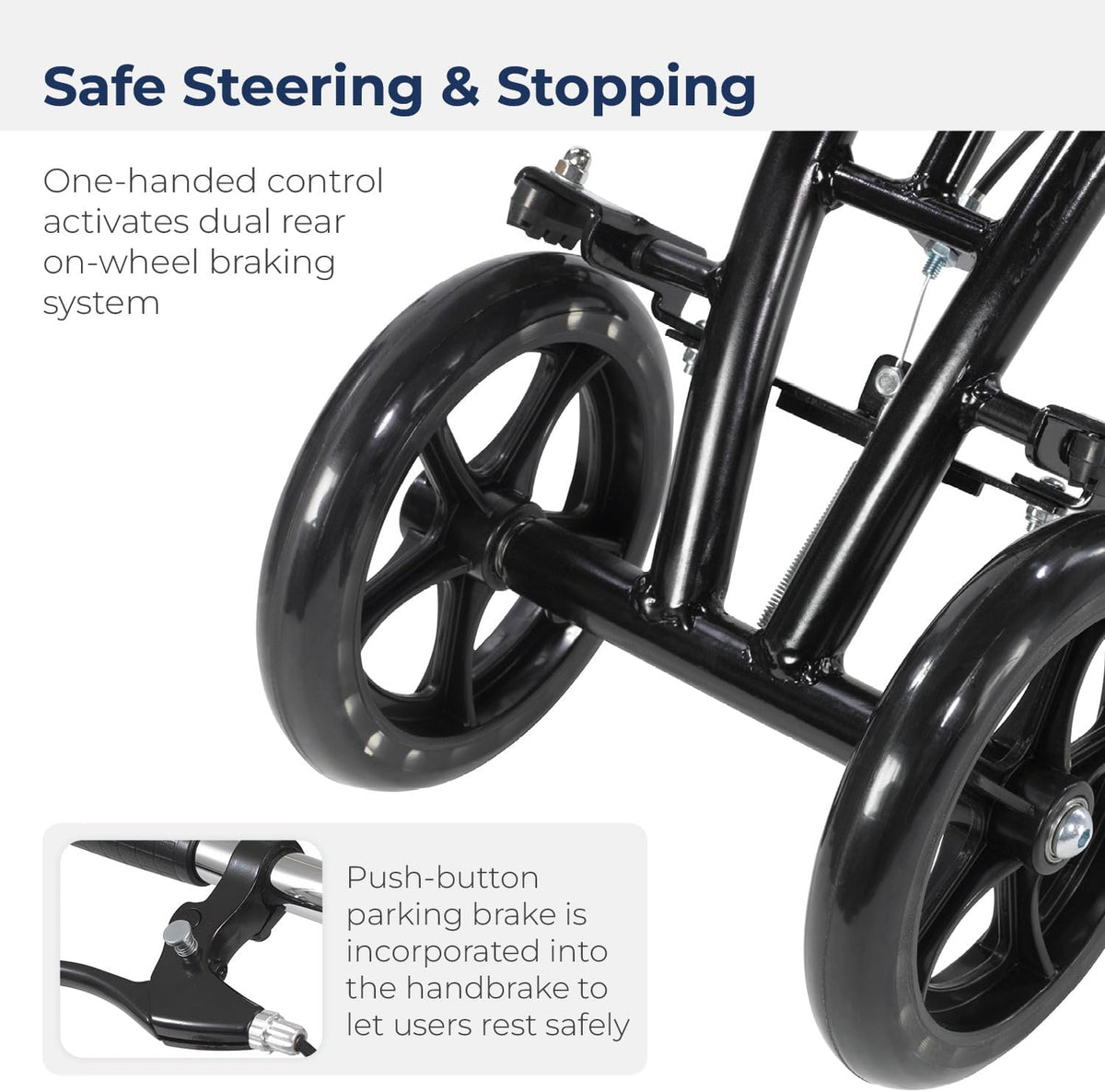 Knee walker rear wheels and dual braking system with push-button parking brake handbrake detail on black frame