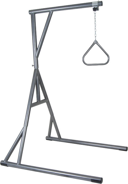 Bariatric heavy duty trapeze bar with freestanding steel frame, chain, and triangular grab handle