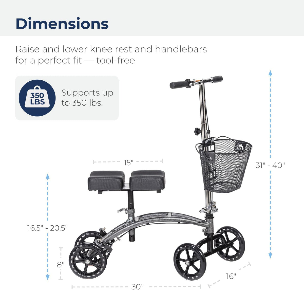Knee walker with dual padded knee rest, front basket, handlebars, and four wheels shown with dimension callouts