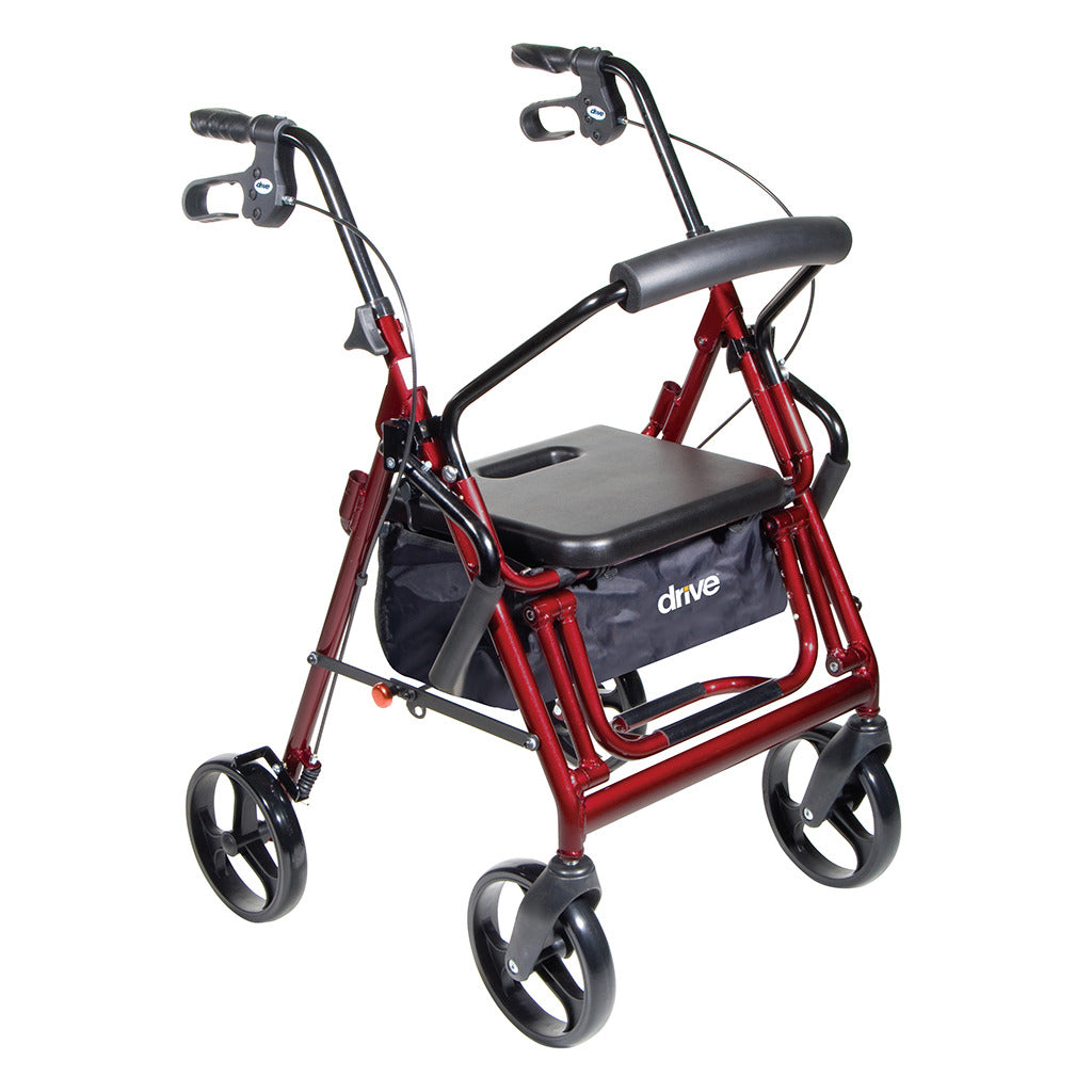 Rollator walker with red frame, padded seat, backrest, hand brakes, storage bag, and four large black wheels
