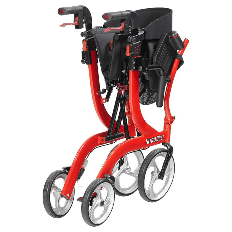 Nitro Duet rollator walker and transport chair combo in red with four large wheels, hand brakes, padded seat, and storage bag