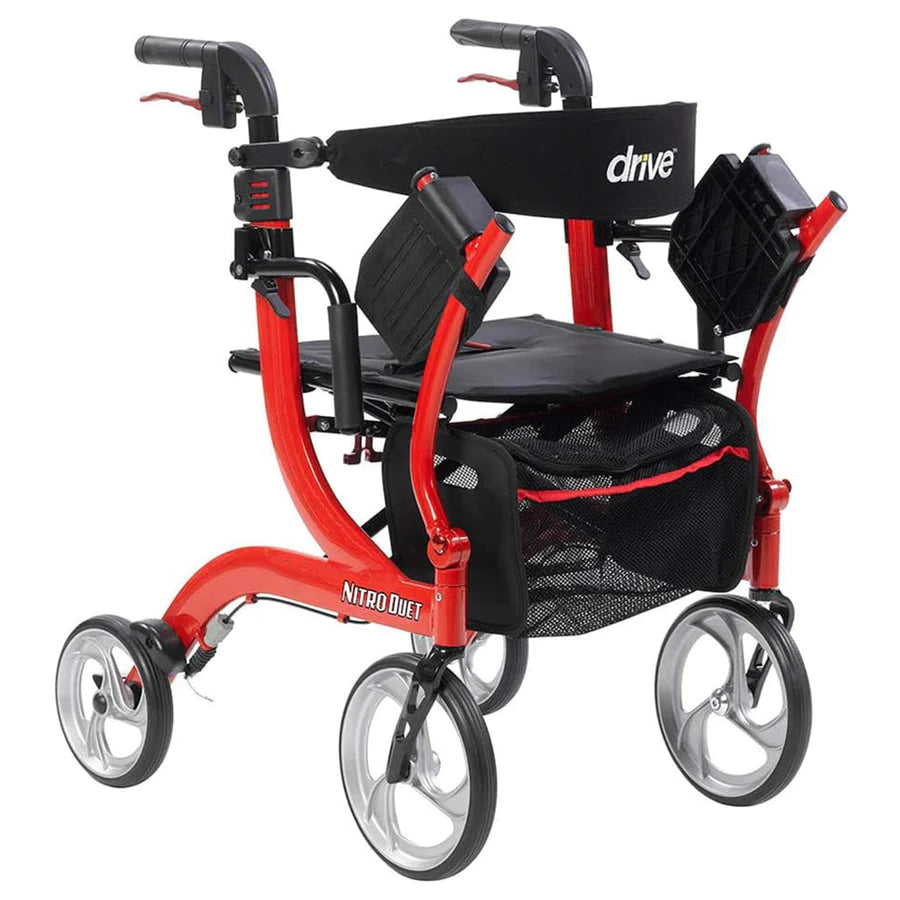 Nitro Duet rollator and transport chair combo with red frame, black padded seat, loop-lock hand brakes, footrests, and mesh