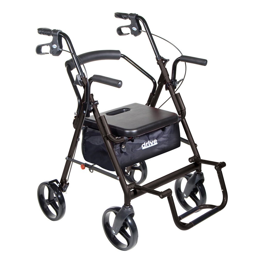 Rollator transport chair combo in black with hand brakes, padded seat, underseat bag, footrests, and four large wheels