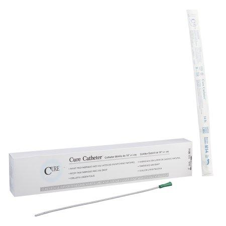 Cure male length straight tip intermittent catheter shown with packaging box and individual sterile sleeve wrapper I have a