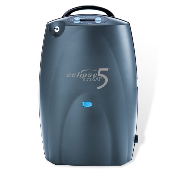 Portable oxygen concentrator with carry handle, dark gray casing, blue indicator light, and Eclipse 5 autoSAT branding on