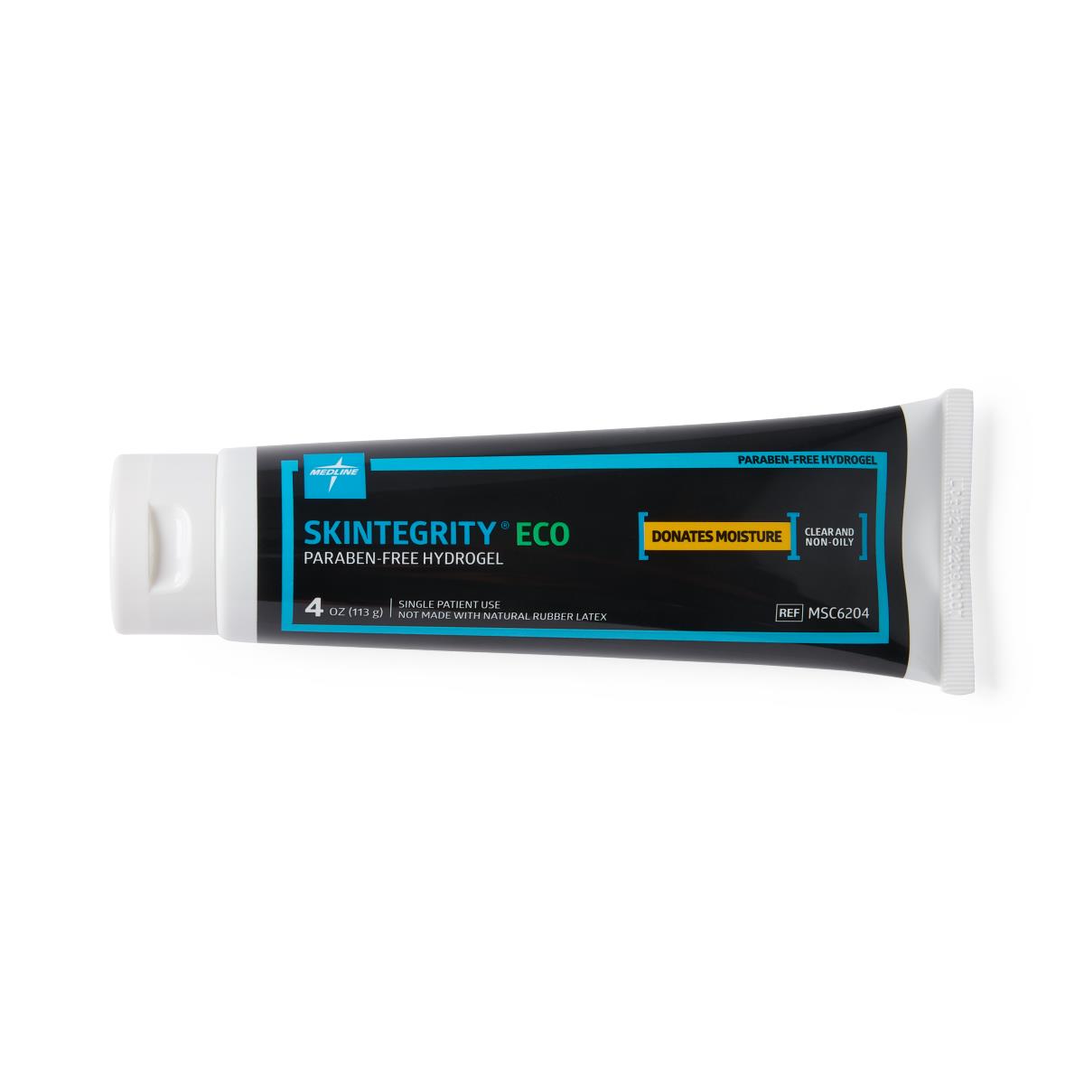 Hydrogel tube with black label and white cap, labeled Skintegrity ECO Paraben-Free Hydrogel, 4 oz squeeze tube