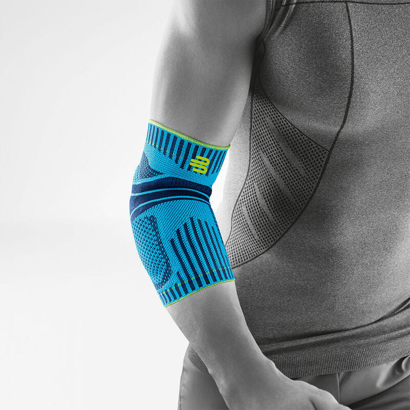 Bauerfeind Sports Elbow Support compression sleeve in blue with neon green accents worn on a bent elbow