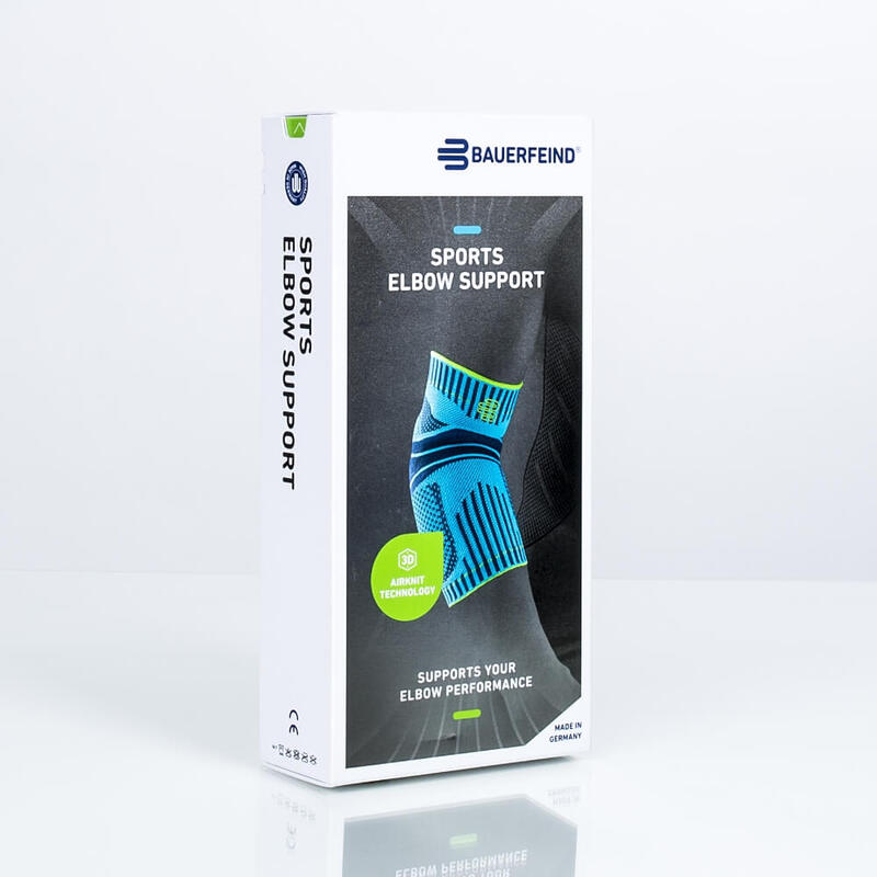 Bauerfeind Sports Elbow Support in retail box showing blue and green knit sleeve on dark packaging with white background