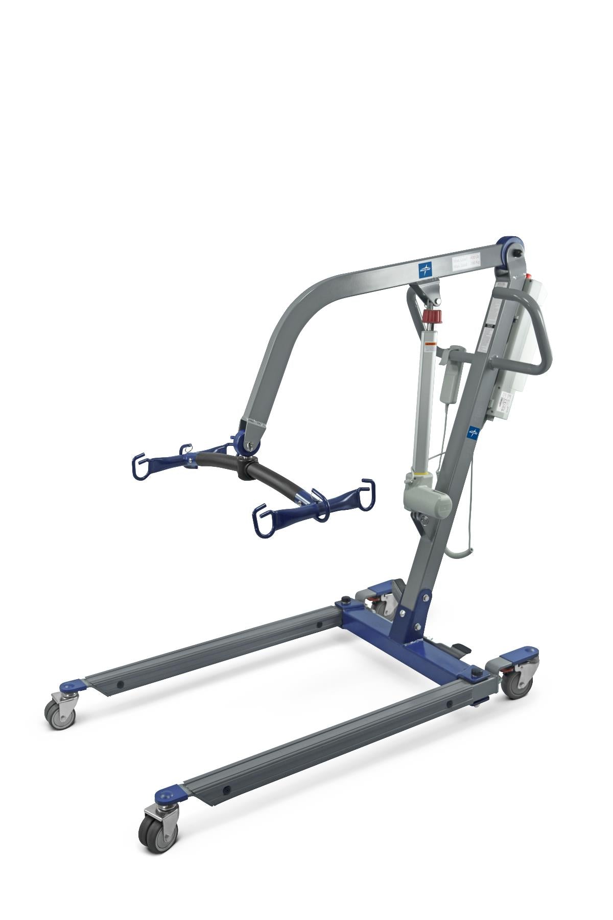 Electric patient lift with gray arched boom, blue spreader bar with sling hooks, electric actuator, and four-wheeled base