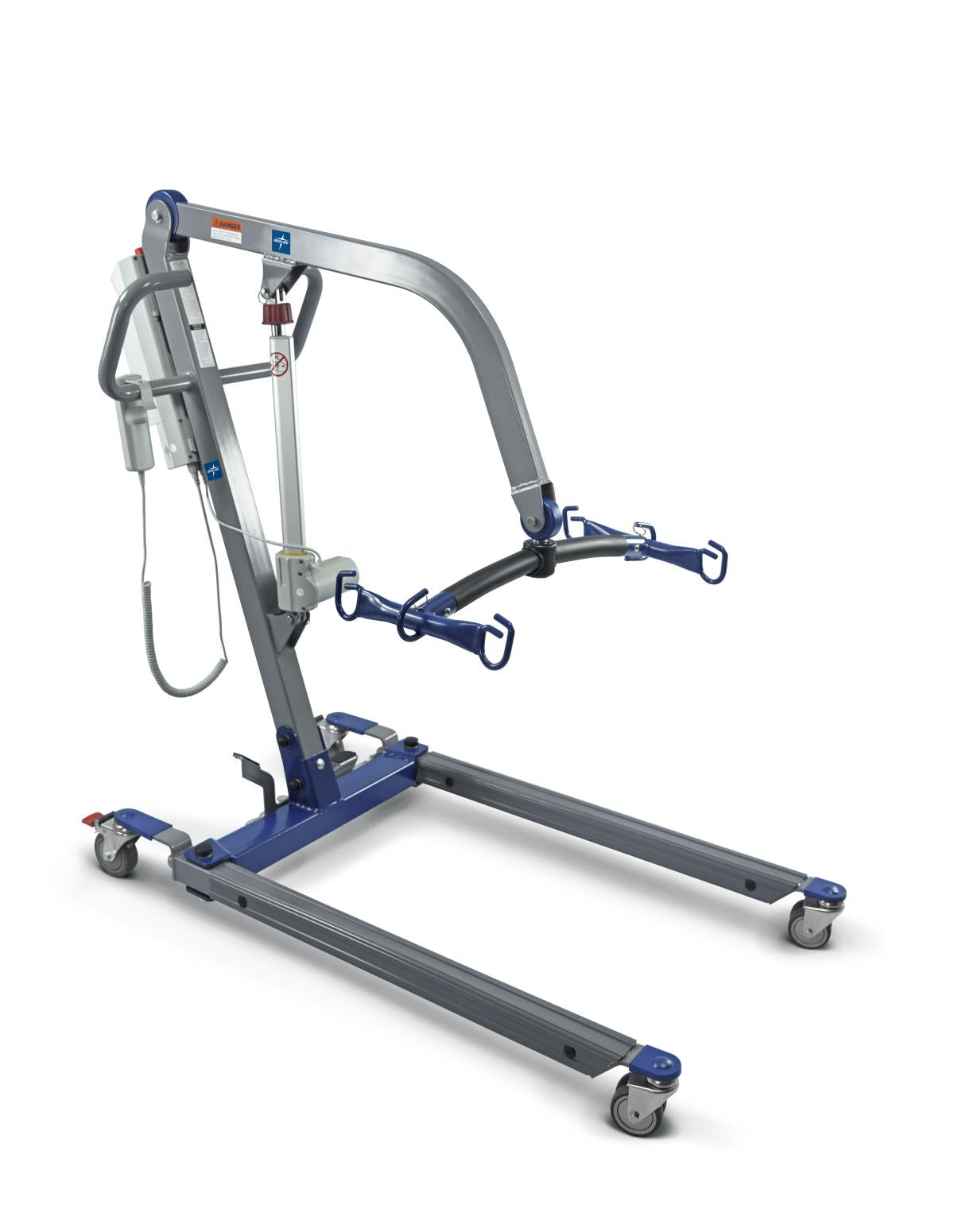 Electric patient lift with gray and blue steel frame, spreader bar with sling hooks, electric actuator, hand control, and