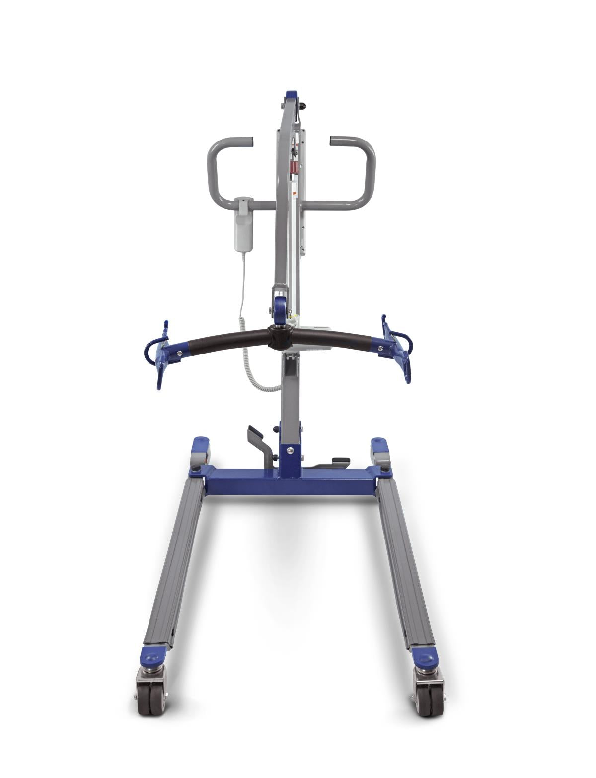 Electric sit-to-stand patient lift with gray mast, blue spreader bar, padded knee support, hand control, and wheeled base