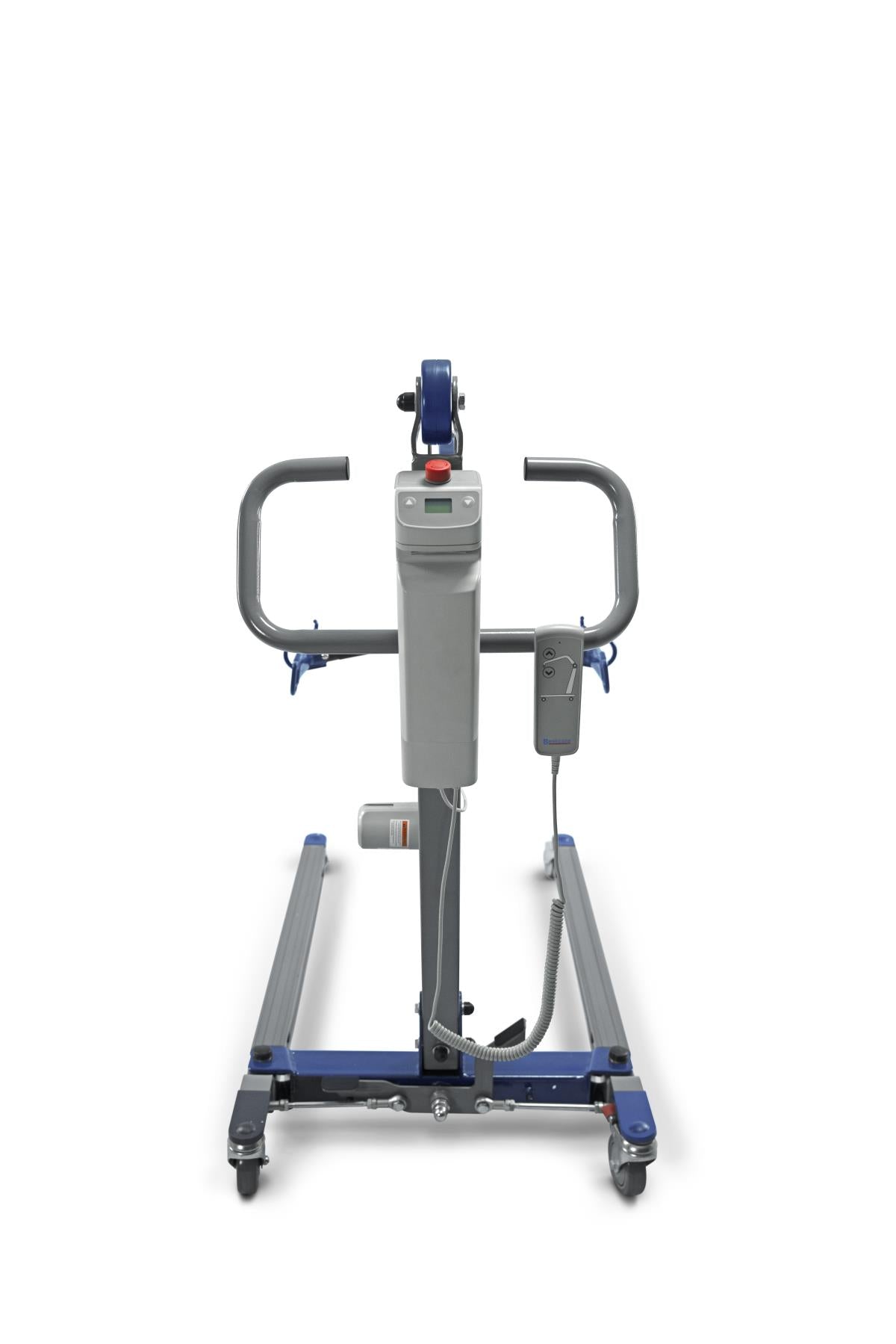Bariatric electric patient stand-assist lift with gray mast, blue base, padded knee support, handrails, and wired remote