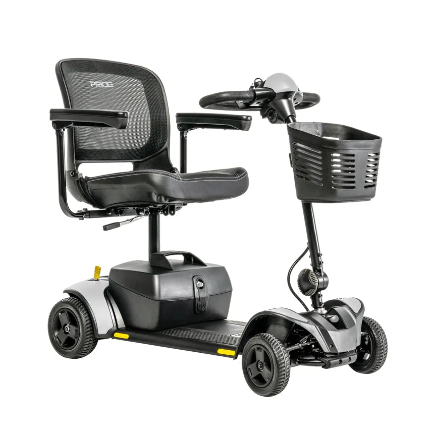 Power mobility scooter with four wheels, mesh seat back, padded seat, tiller steering, and front storage basket in black and