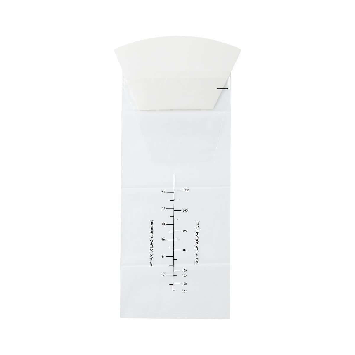 Emesis bag with paper funnel top and printed volume graduation markings on white plastic, shown flat against white background