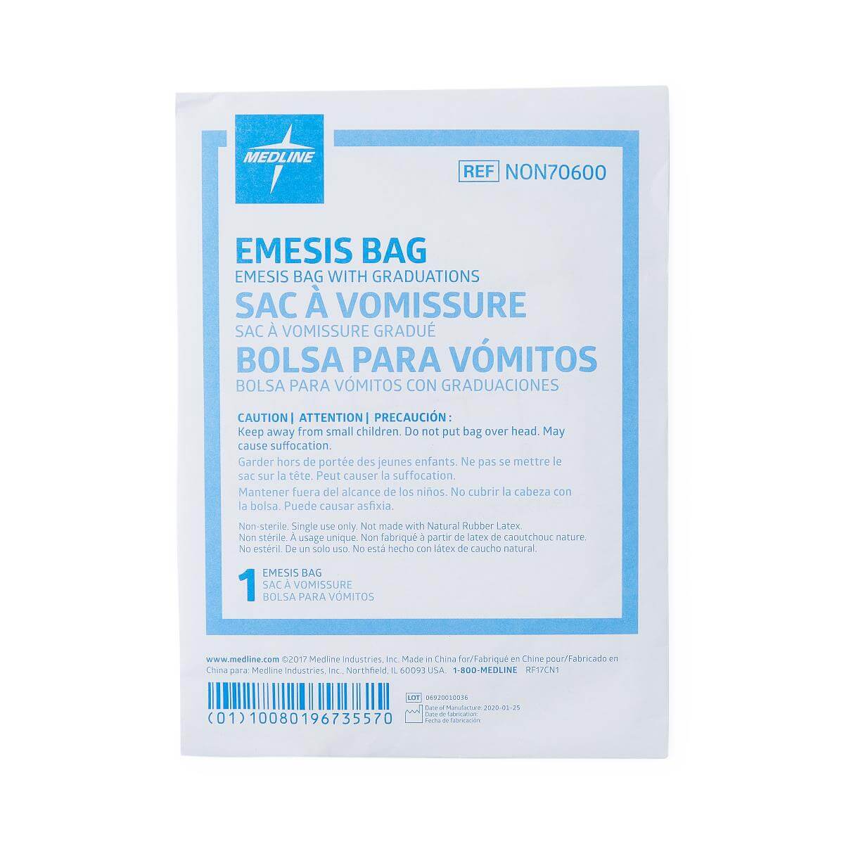 Emesis bag packaging with blue and white label showing multilingual text and graduation markings information, single bag per