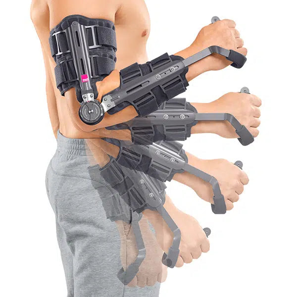 Epico ROM elbow brace worn on right arm, showing range-of-motion adjustment dial and multiple angle positions in composite