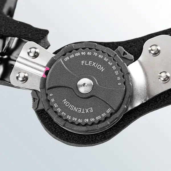 Elbow brace hinge dial showing flexion and extension degree markings from 0 to 120, with metal side bars and black straps