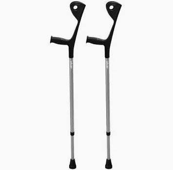 Pair of forearm crutches with black ergonomic handles, open forearm cuffs, and silver aluminum shafts with rubber tips
