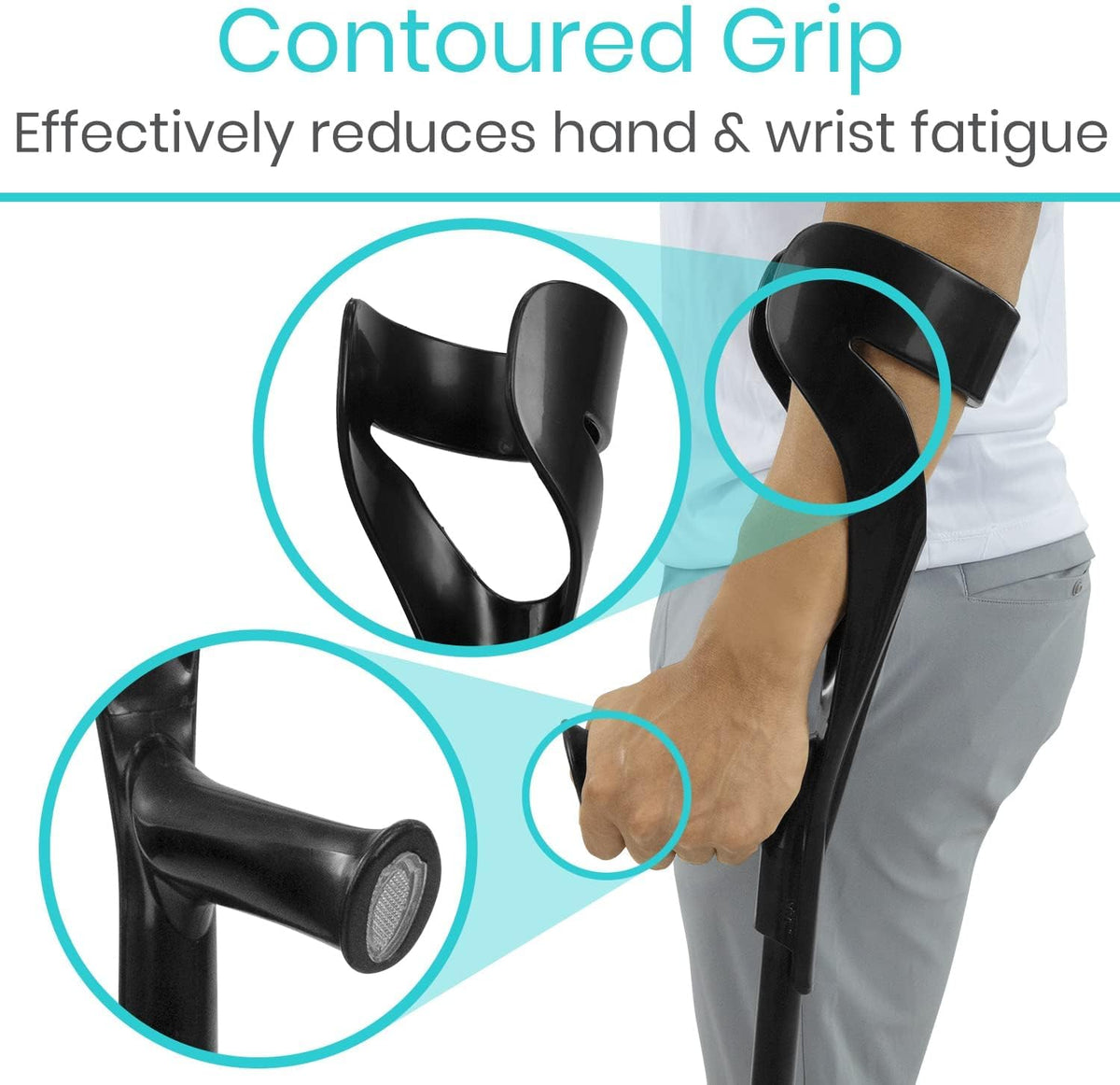 Forearm crutch with contoured grip and forearm cuff closeups, shown in use on person's arm, black finish