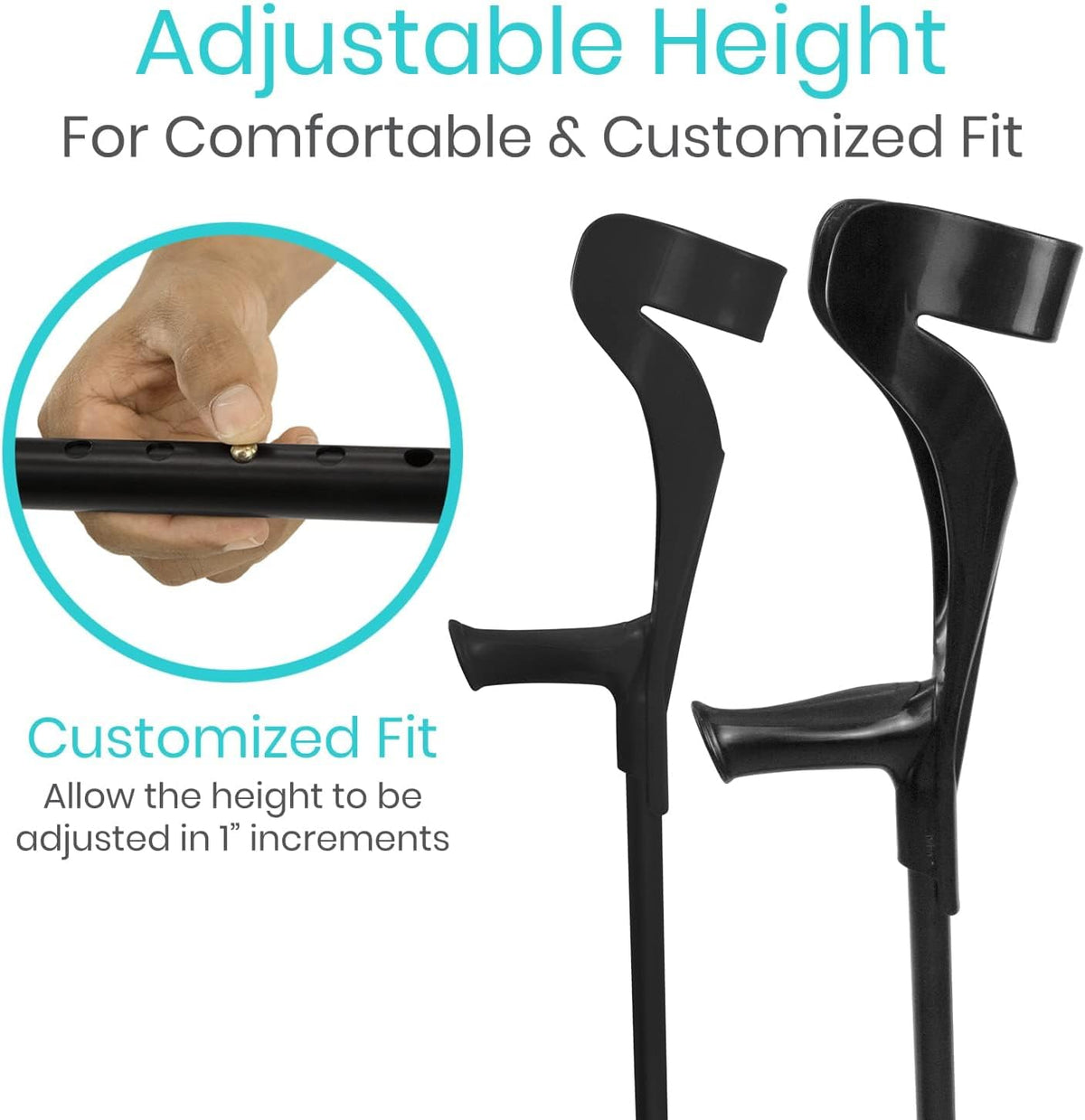 Pair of black adjustable forearm crutches with ergonomic handles and open cuff, with close-up of push-button height