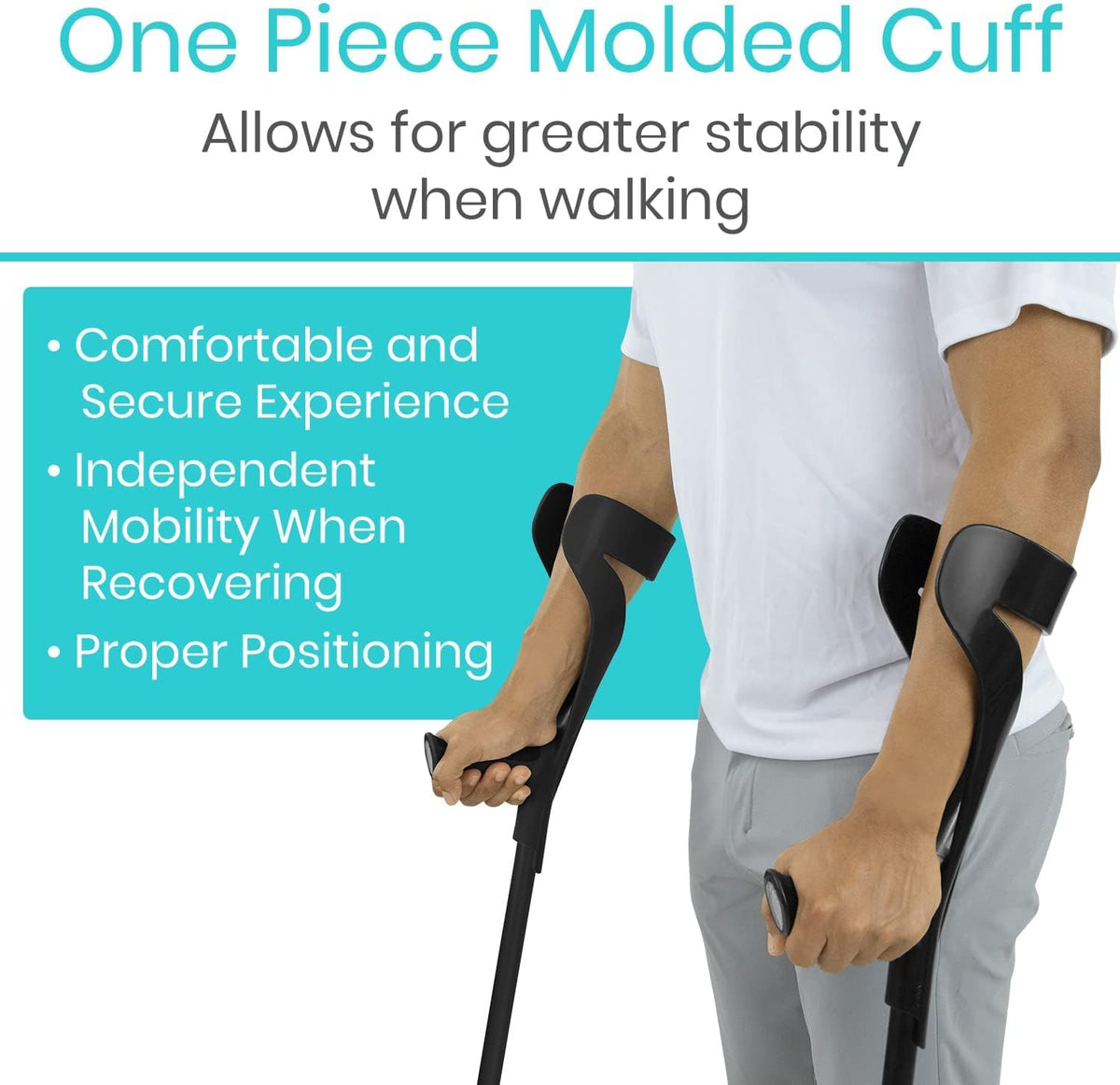 Forearm crutches with black molded arm cuffs and ergonomic hand grips, shown in use by a person wearing a white shirt and