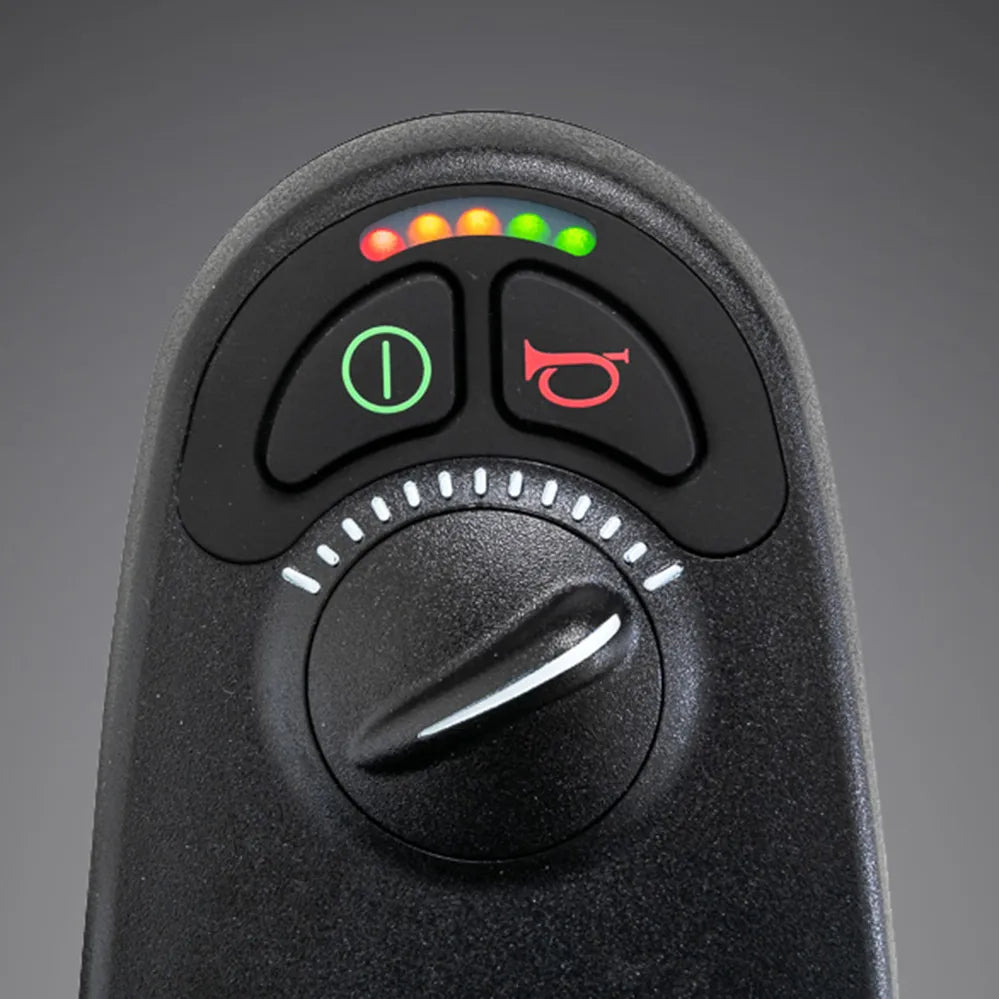 Power wheelchair joystick controller with battery indicator LEDs, power button, horn button, and speed dial knob