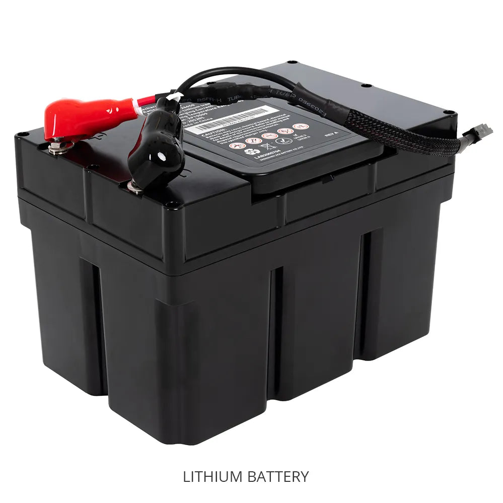 Jazzy Evo 613 lithium battery, black rectangular pack with red connector and attached wiring harness on top