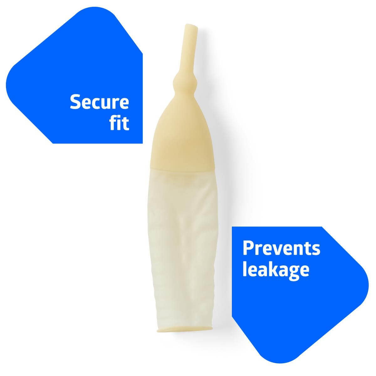 External male latex catheter with drainage tip and rolled sheath, shown against white background with secure fit and leakage