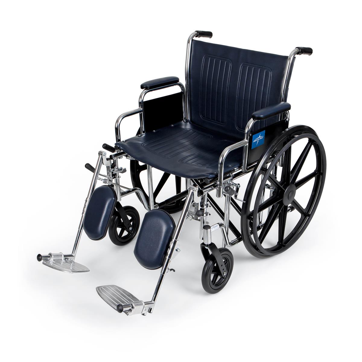Wheelchair with navy vinyl upholstery, chrome frame, removable desk arms, elevating legrests, and large rear wheels
