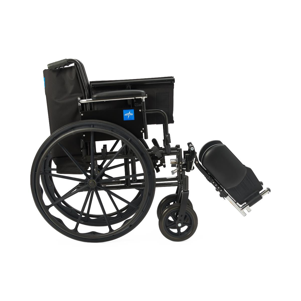 Wheelchair with black nylon upholstery, swing-away elevating legrests, and black steel frame shown from the side angle