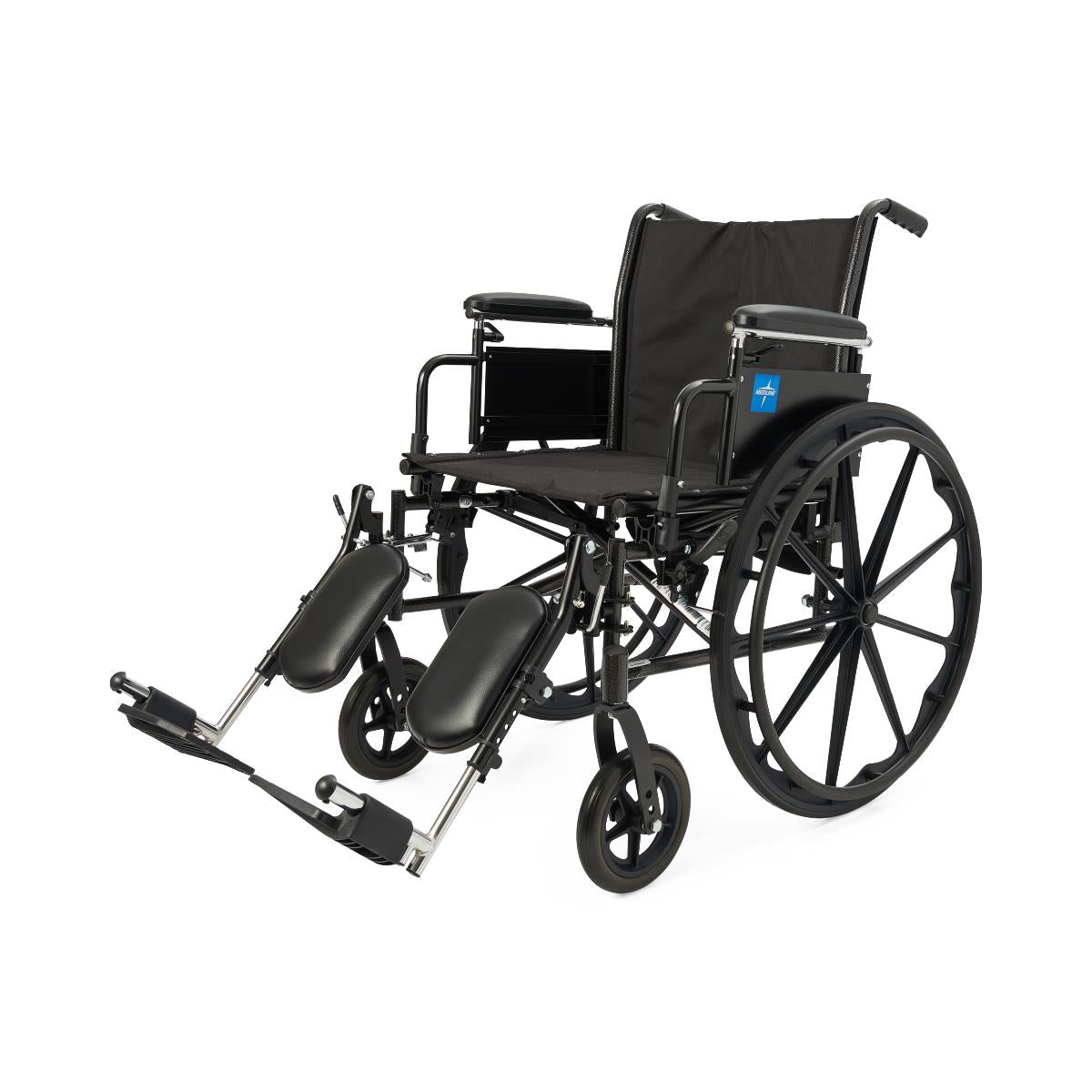 Wheelchair with black frame, removable desk-length arms, elevating legrests, padded seat and back, and large rear wheels