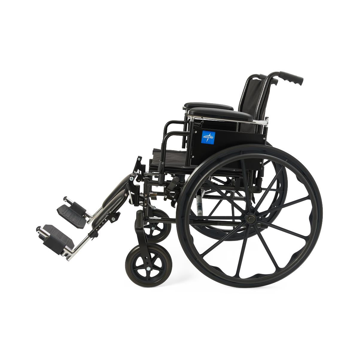 Wheelchair with black frame, removable desk-length arms, elevating legrests, large rear wheels, and push handles, side view