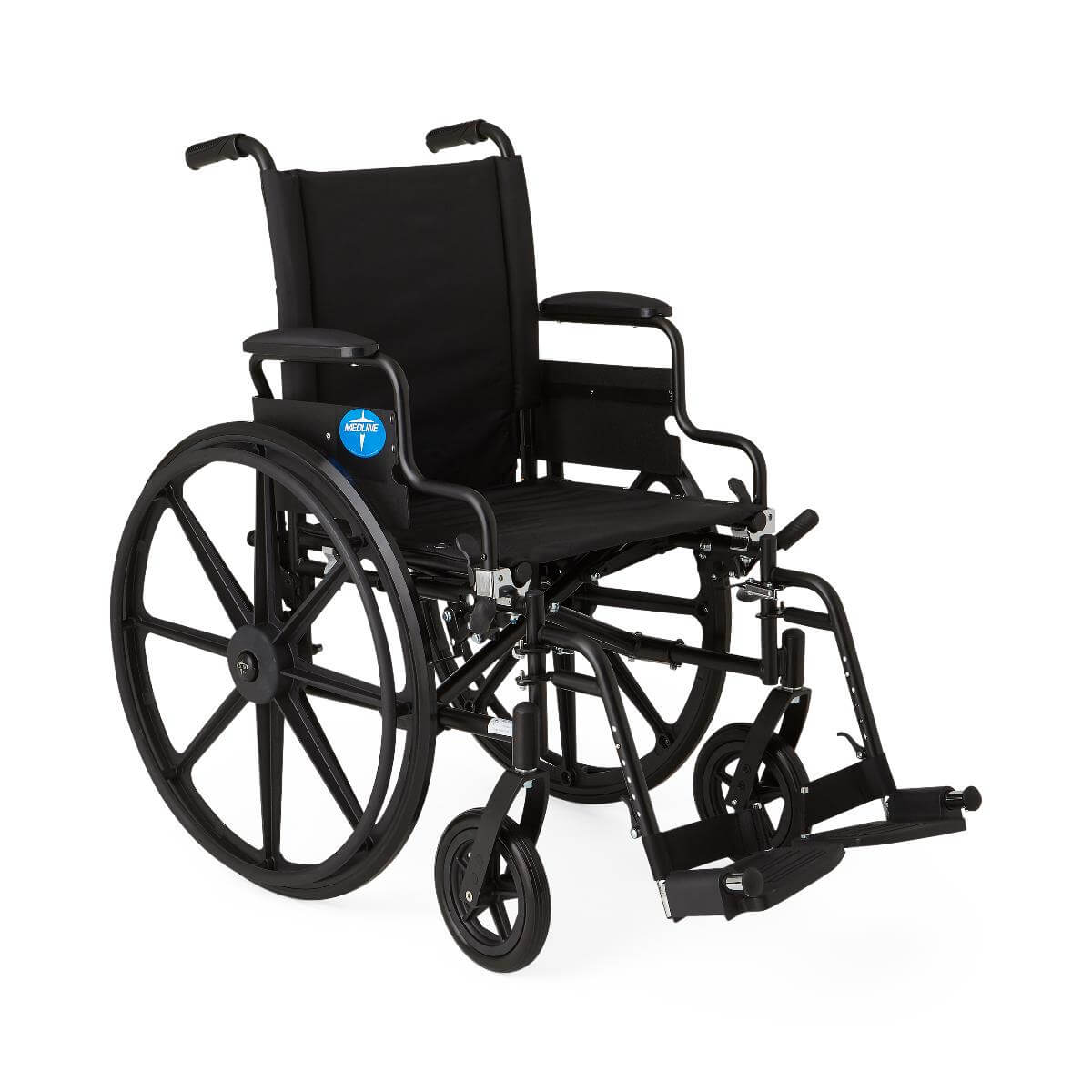 Wheelchair with black frame, removable desk-length arms, swing-away footrests, and large rear wheels, shown at an angle