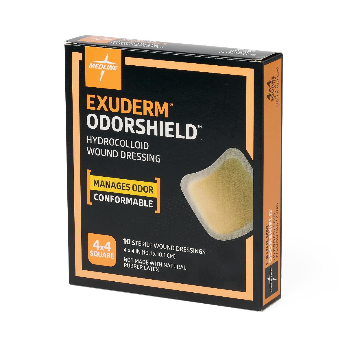 Hydrocolloid wound dressing box by Medline Exuderm OdorShield, black and orange packaging, 4x4 inch, 10-count sterile
