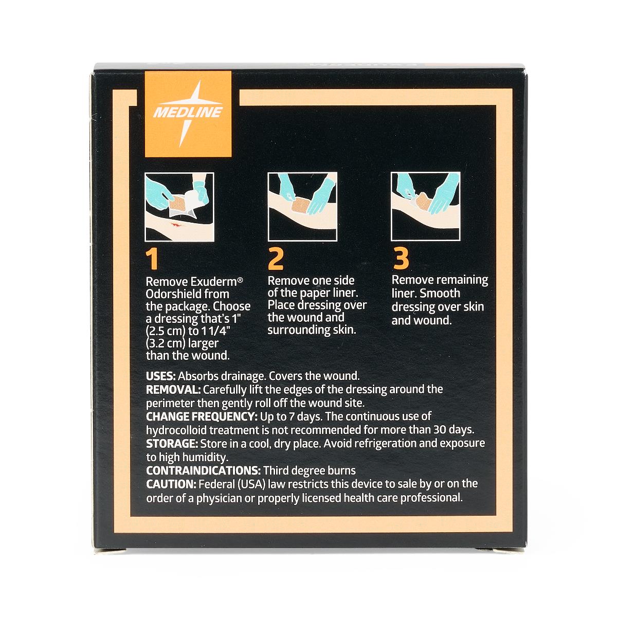 Medline Exuderm OdorShield wound dressing box back panel showing three-step application instructions and usage information